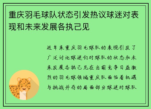 重庆羽毛球队状态引发热议球迷对表现和未来发展各执己见